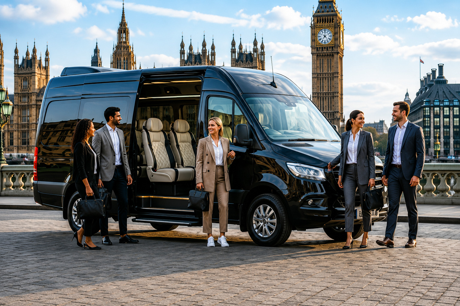 Chauffeured Mercedes Sprinter luxury minibus executing private group travel in London