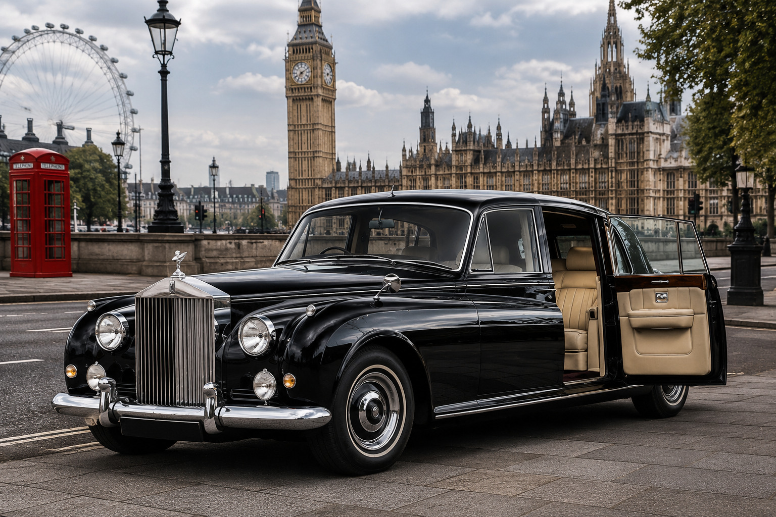 Vintage classic Rolls-Royce chauffeured car arriving for a London wedding
