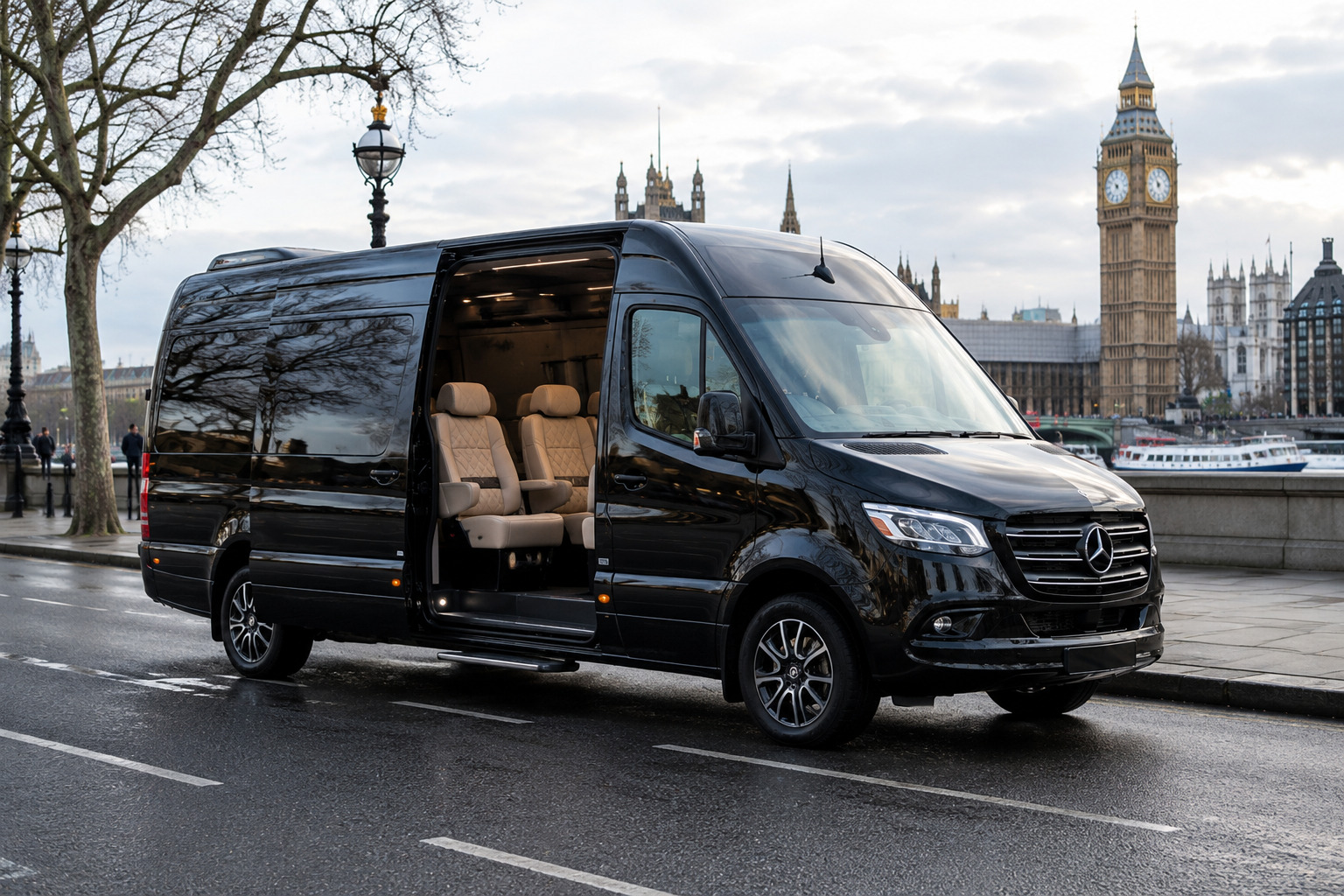 Executive features layout inside a premium Mercedes Sprinter