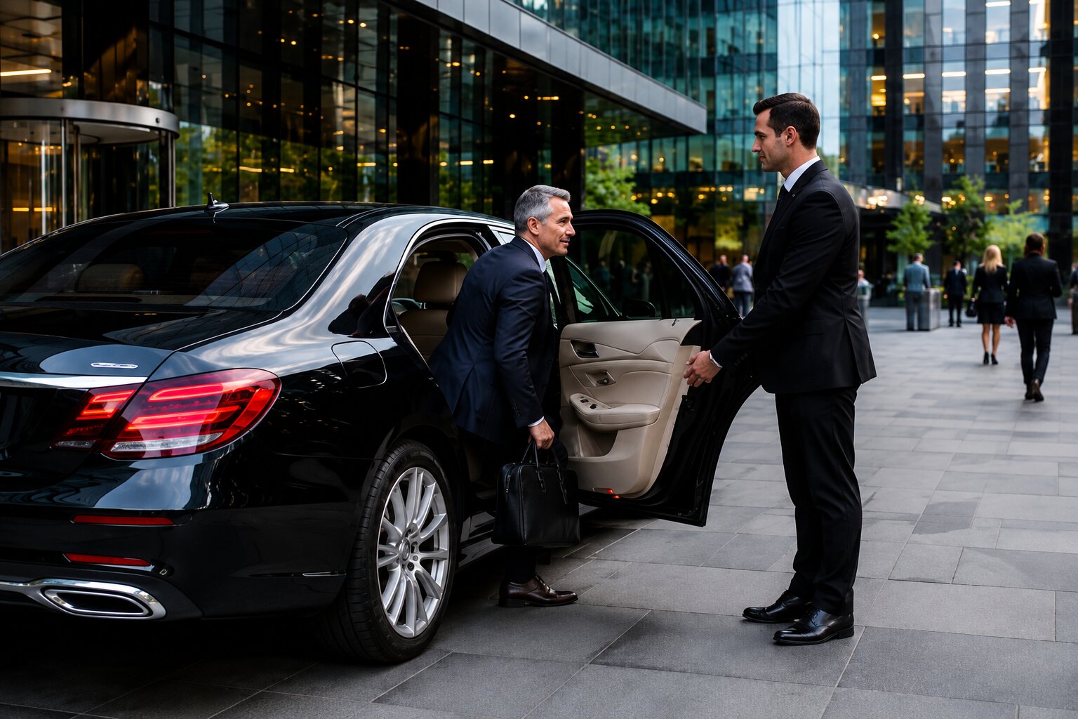 Professional chauffeur opening a luxury vehicle door for a London event guest