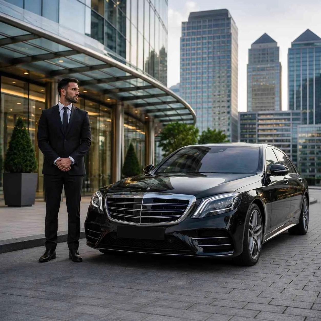 Professional London chauffeur beside a Mercedes-Benz S-Class for an NFL stadium transfer