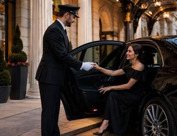 Professional chauffeur assisting a passenger before an NFL London matchday transfer